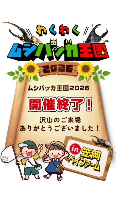 わくわくムシバッカ王国2026 in 笠岡ベイファームは開催終了しました。たくさんのご来場ありがとうございました。